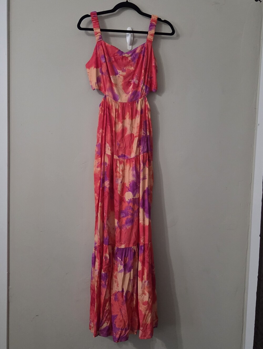 SO Tie-Dye Floral Maxi Dress Large Open Sides Tropical Beachy Vacay